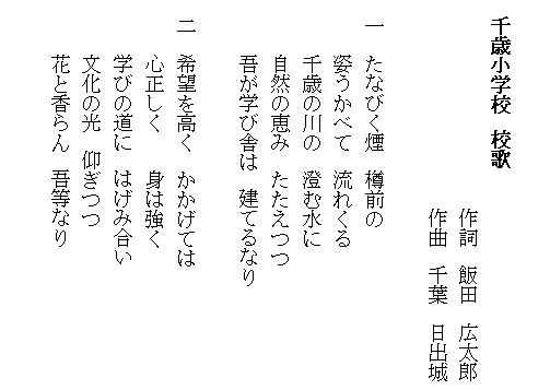 たなびく煙樽前の、姿うかべて流れくる、千歳の川の澄む水に、自然の恵みたたえつつ、吾が学び舎は、建てるなり。希望を高くかかげては、心正しく身は強く、学びの道にはげみ合い、文化の光仰ぎつつ、花と香らん吾等なり。
